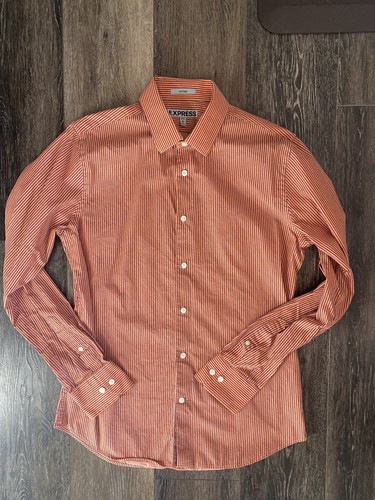 Express Fitted Mens Dress Shirt Coral Striped Medium 15-15 1/2 - Picture 2 of 7