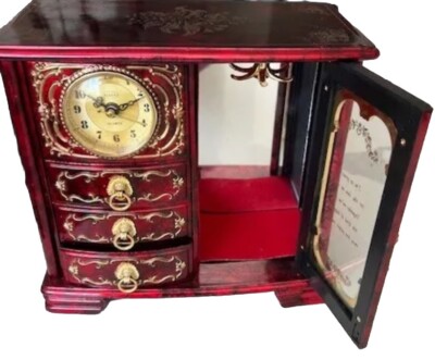 Vintage Asian Theme Clock/Music Jewelry Box-3 Drawers & Mirror