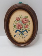 Rose Bouquet Cross Stitch Framed Wood Picture Frame Sampler Wall Decor