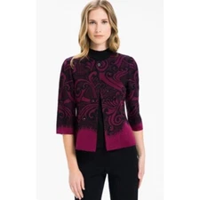MING WANG Embellished Abstract Cardigan Sweater Jacket Black Purple Wine Small