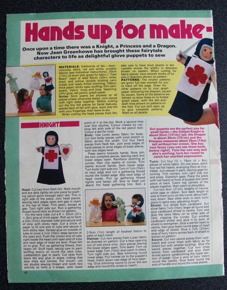 Jean Greenhowe Fairytale Hand Puppets Sewing Pattern Knight Princess Dragon - Image 2 of 4
