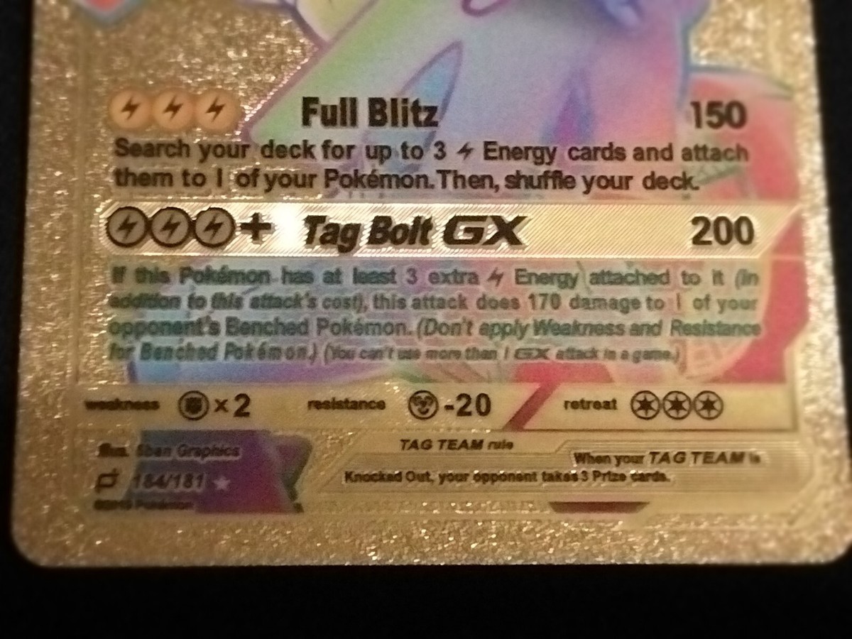Pokemon Pikachu & Zekrom GX Tag Team Gold Foil Rainbow Art Card 184/181  HP240