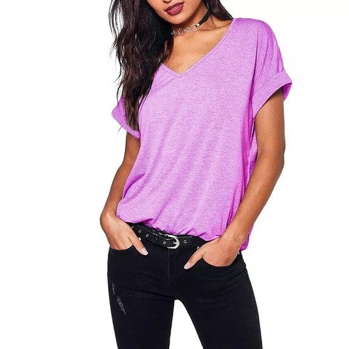 Ladies Oversized Baggy Loose Fit Turn up Batwing Sleeve Women V Neck Top T shirt - Picture 30 of 31