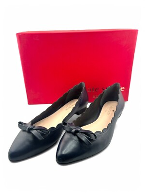 New Kate Spade Eleni Flex Scalloped Ballerina Flat Navy Blue Leather US 6.5 M