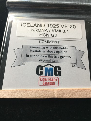 1925 HCN GJ Iceland, 1 Krona, Coin Mart Graded**VF-20** KM# 3.1 - Picture 7 of 8