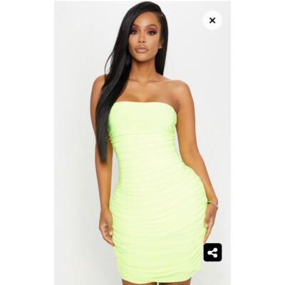 neon yellow ruched dress Neon Ruched Bodycon Yellow Mini Bodycon Dress Ruched Summer Dress Women Off Shoulder Strapless Backless Bodycon