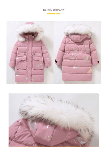 Winter Cotton Padded Coat Medium Long Down Thicken Warm Kids Fur Hooded Clothes - Picture 18 of 23