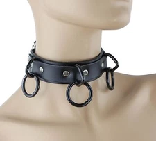 Black Three Ring Bondage Choker Genuine Leather Punk Goth Metal Rock Collar USA