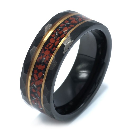Anillo de hueso y meteorito de dinosaurio, anillo de tungsteno negro martillado, ajuste cómodo - Imagen 7 de 8