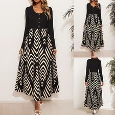 Women's Solid-Color Printed Long Dress with Round Neck