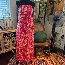 Tahari Pink & Coral Tropical Print Tassel Tie Linen Blend Maxi Dress