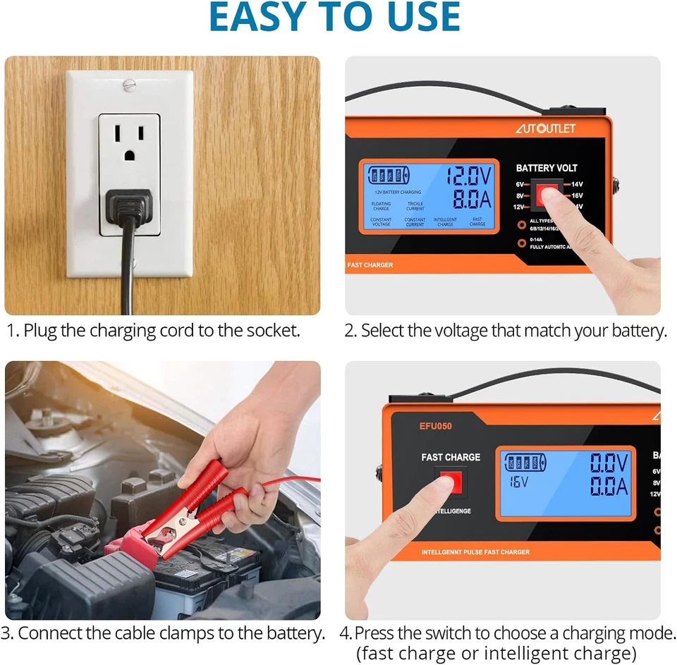 Автомобильное зарядное устройство 8 В, 0-14 А полностью автоматический свинцово-кислотный аккумулятор 6/8/12/14/16/2 C - Изображение 3 из 4