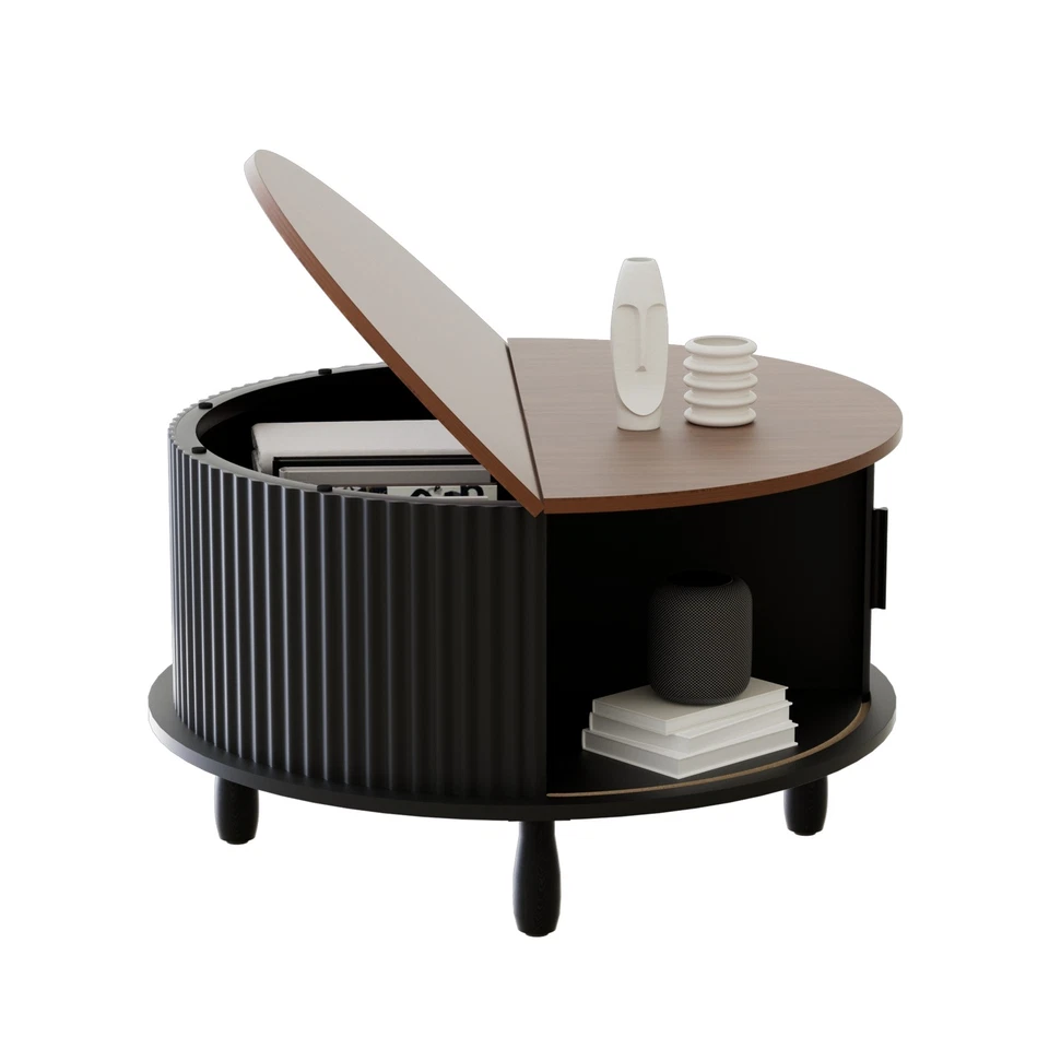 Wooden Coffee Table w/Storage Round & Sliding Cabinet Door for Living Room Black - Image 2 of 4