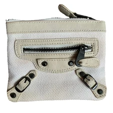 BALENCIAGA Paris Canvas Leather Motocross Small Zip Pouch Clutch Cream White