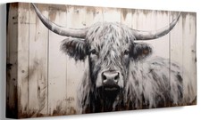 Highland Cow Canvas Wall Art Rustic Black White Cow Painting Picture Wall Dec...