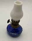 Vtg Cobalt Blue Glass Mini Oil Lamp Milk Glass Globe Made in Hong Kong 4 1/4”