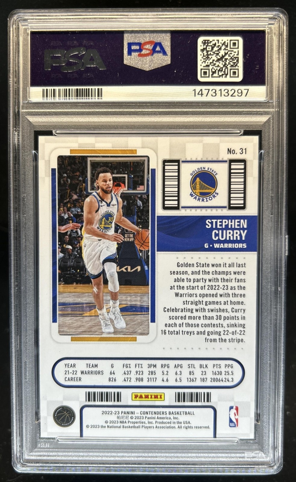 2022-23 Panini Contenders Stephen Curry Season Ticket #31 Warriors PSA 9 view 2