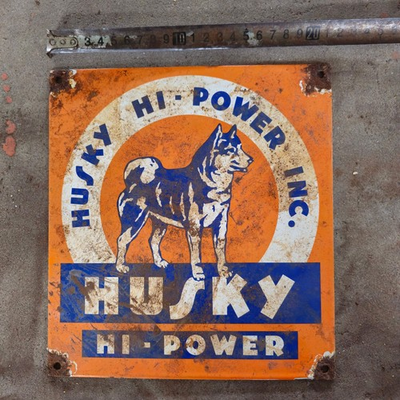#ad VINTAGE HUSKY HI POWER OLD US GASOLINE OIL GAS PUMP ENAMEL PORCELAIN SIGN $99.99