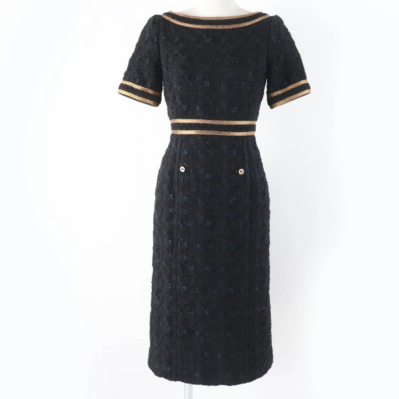 Robe tweed manches courtes entrelacée GUCCI 572364 noir doré 36 fabriquée en