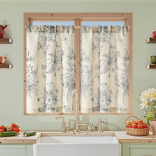 Linen Kitchen Tier Curtains 36 Inch 2 Panels Black on Beige