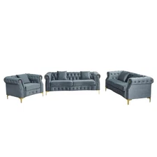 Pemberly Row 3-Pcs Living Room Set Velvet Sofa Set & Golden rivets-Gray