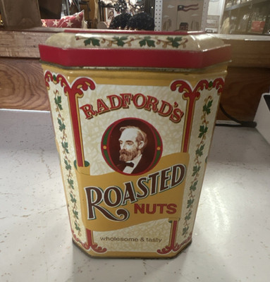 Radford's Roasted Nuts Advertising Tin made in England Yellow Red Green Beige