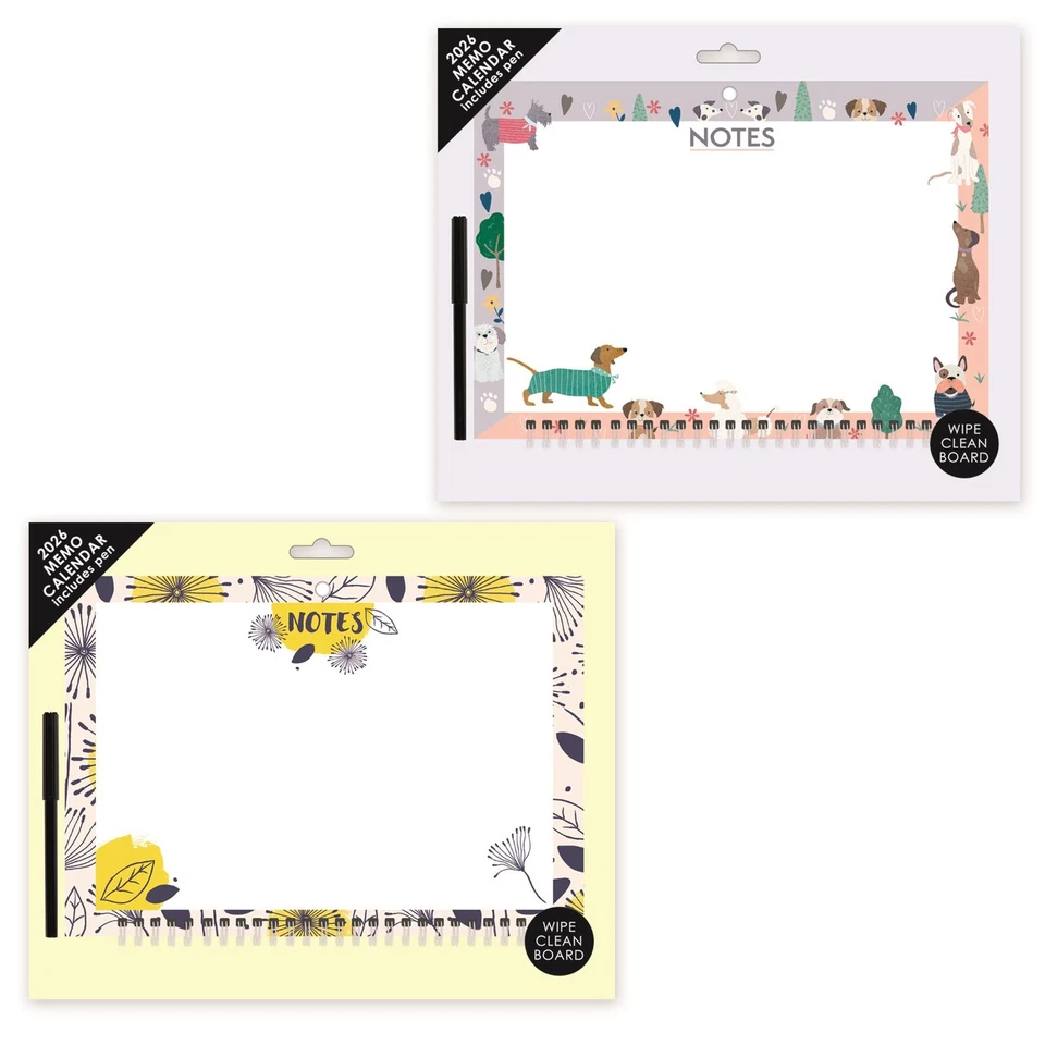 DESIGN GROUP 2026 Memo Calendar Wipe Clean Note Board & Pen Pet Floral Yellow Lilac Design