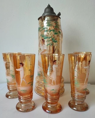 Antikes Biedermeier Glas Set um 1850 Emailmalerei Krug Deckel 5 Gläser - Bild 1 von 4