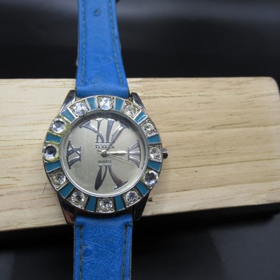 TERNA Women's Quartz Watch Blue Faux Leather Band Silver Tone Rhinestone Bezel