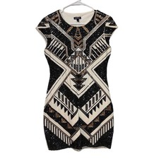 Express Womens M Sequin Mini Dress Black Gold Geometric Cocktail Party
