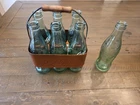 Vintage Coca-Cola Metal Bottle Carrier & 7 Embossed Green Coke Bottle