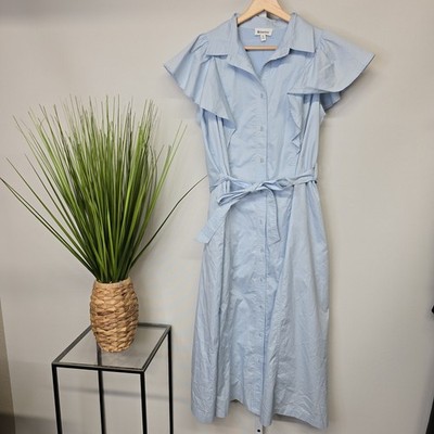 &merci Light Blue Ruffle Flutter Sleeve Belted Midi Shirt Dress MDR1793 Medium