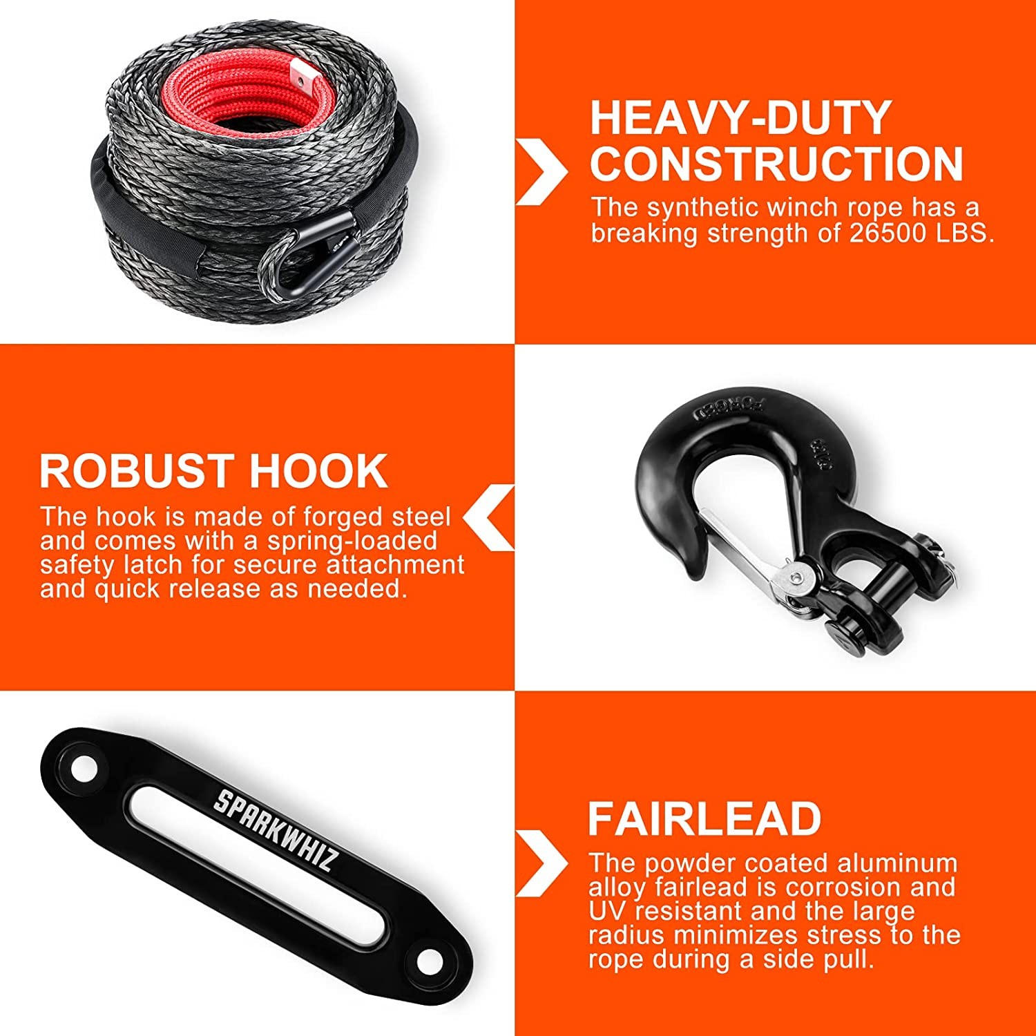 SPARKWHIZ 3/8"x100FT 26500LBS Synthetic Winch Rope Cable Kit Winch Line Cable US