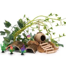 Crested Gecko Tank Accessories  Reptile Vines Plants with Coconut Shell Ladder...