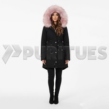 Black Parka Jacket with Pink Faux Fur Hood - Women  s Winter Coat with Adjustable