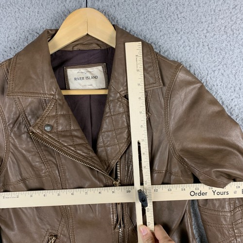 River Island Moto Leather Jacket Women US XS UK 8 Brown Biker Quilted Capsule - Picture 5 of 14