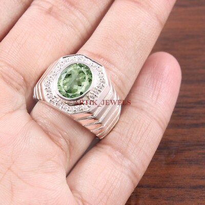 Natural Green Amethyst Gemstone with 925 Sterling Silver Ring for Men's #5458