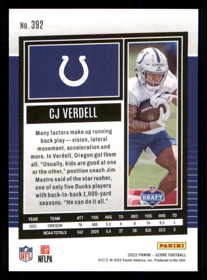 2022 Score #392 CJ Verdell RC - Image 2 of 2