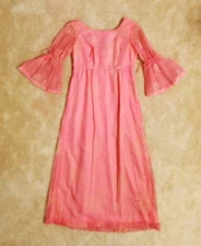 Vtg 60's-70's Sears Hawaiian Fashions Pink Maxi Dress Sheer Overlay Bell Sleeve