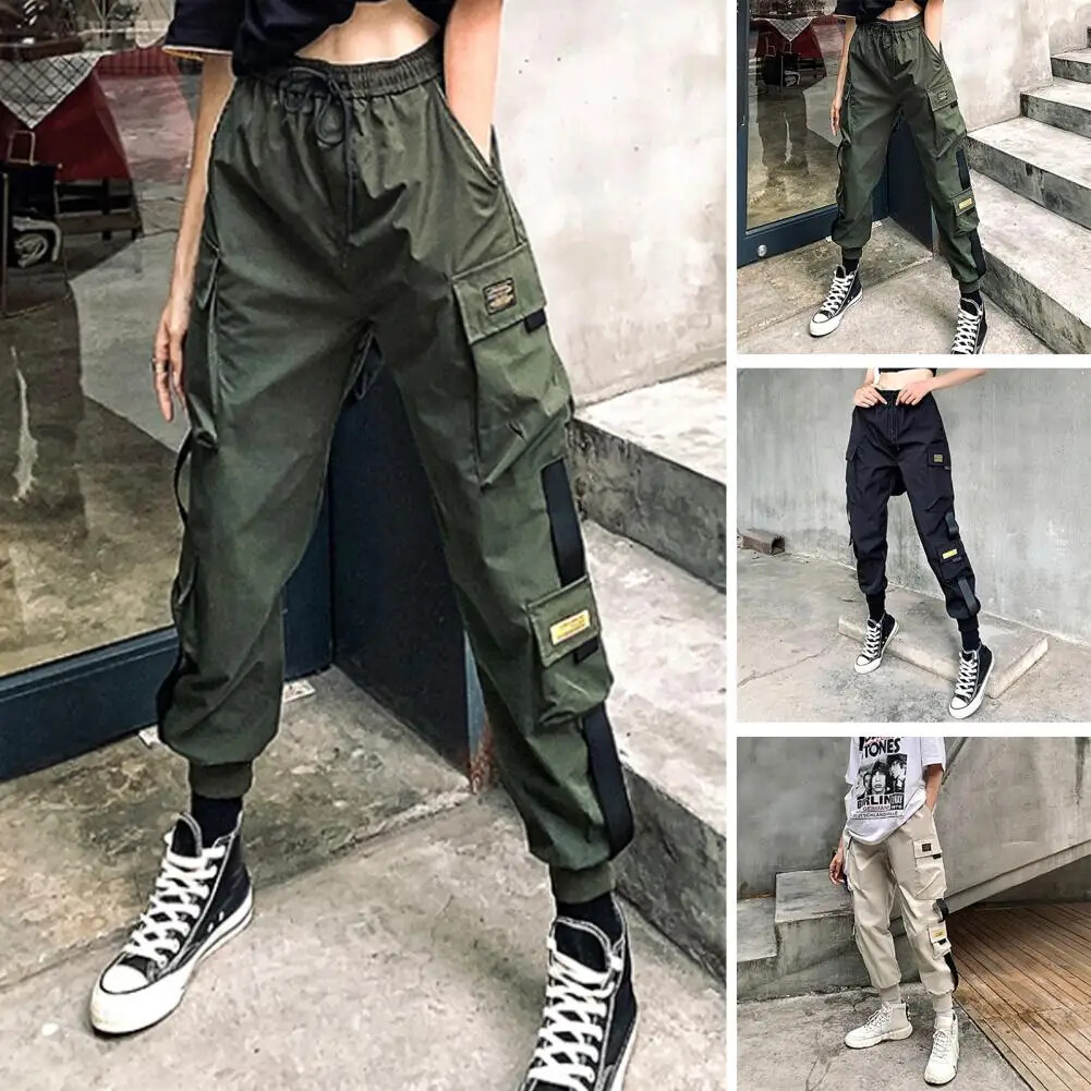 Black Ribbon Pocket Cargo Joggers for Women - Hip-Hop Streetwear Unisex Pants-image