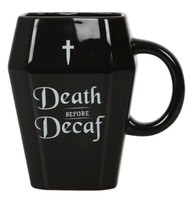 "Gothic Halloween Kaffee Becher Sarg \"Death Before Decaf\" - Keramik Tasse, Kaffee"
