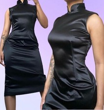 Ultra Rare!! 90s Dolce & Gabanna Black Satin Mandarin Collar Boned Midi Dress