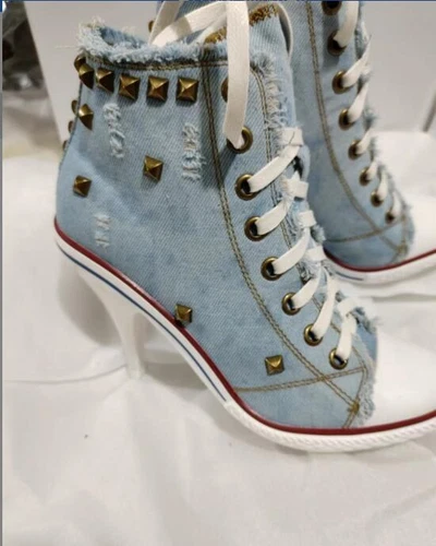 Womens Canvas Shoes Denim High Heels Rivets Shoes Pointy Toe Sneakers Pumps Chic - Picture 4 of 9