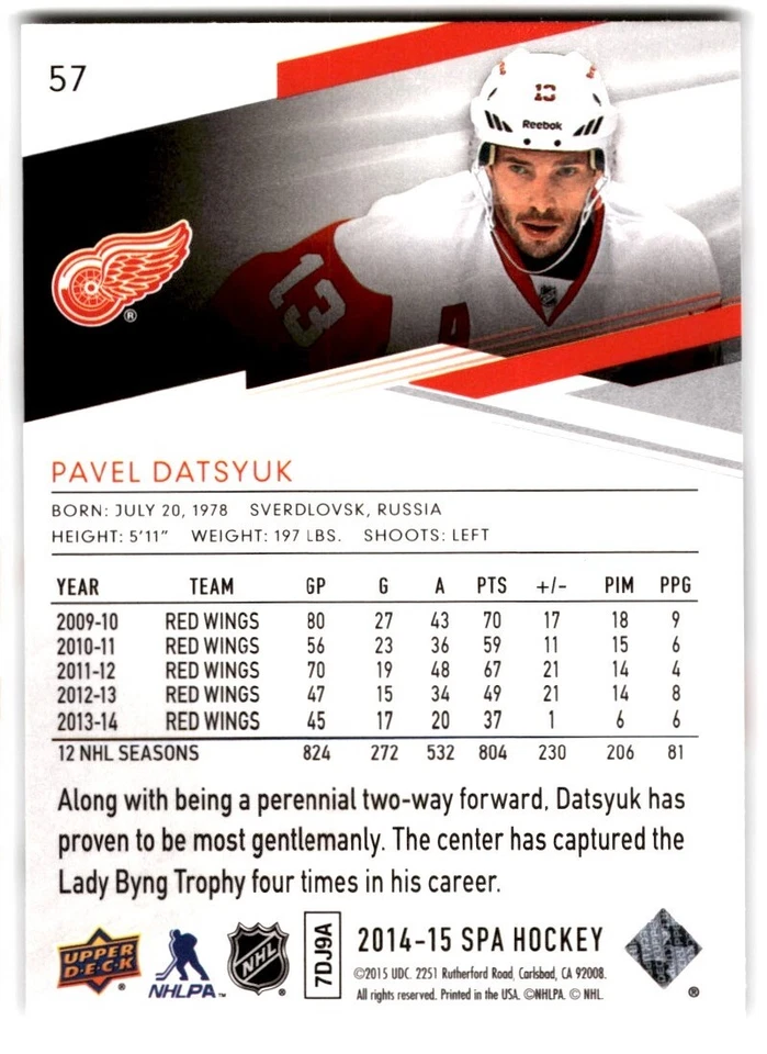 2014-15 SP Authentic Pavel Datsyuk #57 Detroit Red Wings - Image 2 of 2