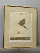 Vtg Japanese Mid Century Keiko Minami Signed Etching Print Bird Flying by Sun