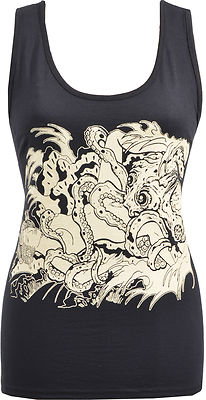 DAMEN SCHWARZES TANK TOP FISCHERFRAU OKTOPUS JAPANISCHES TATTOO GEISHA S-2XL