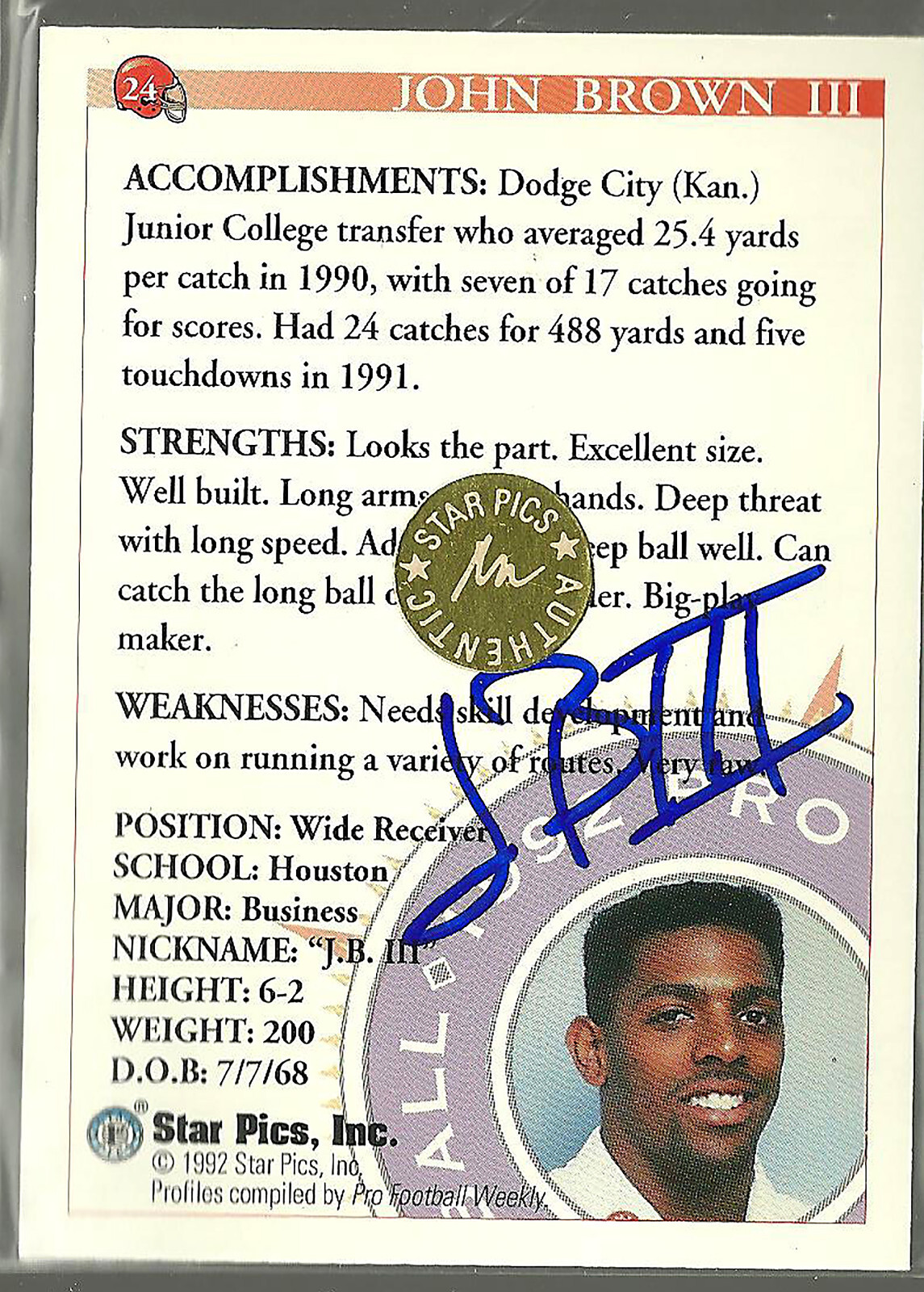 John Brown III Signed 1992 Pro Prospects Star Pics Football HOUSTON Auto #24