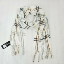 Steve Madden Womens Scarf Ivory Plaid Muffler Fringe 70" Italian Grey Tan White