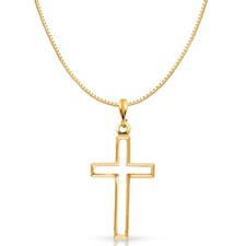14K Yellow Gold Opening Religious Cross Charm Pendant  0.8mm Box Chain Necklace