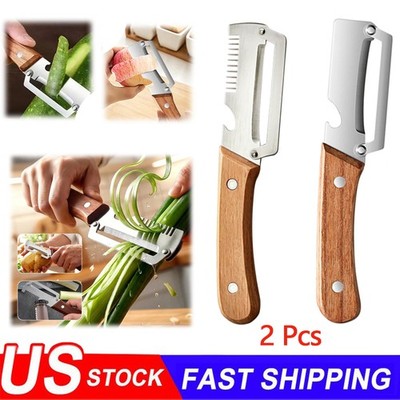 2 PCS 3-in-1 Multifunctional Vegetable Peeler with Wooden Handle,Julienne Slicer